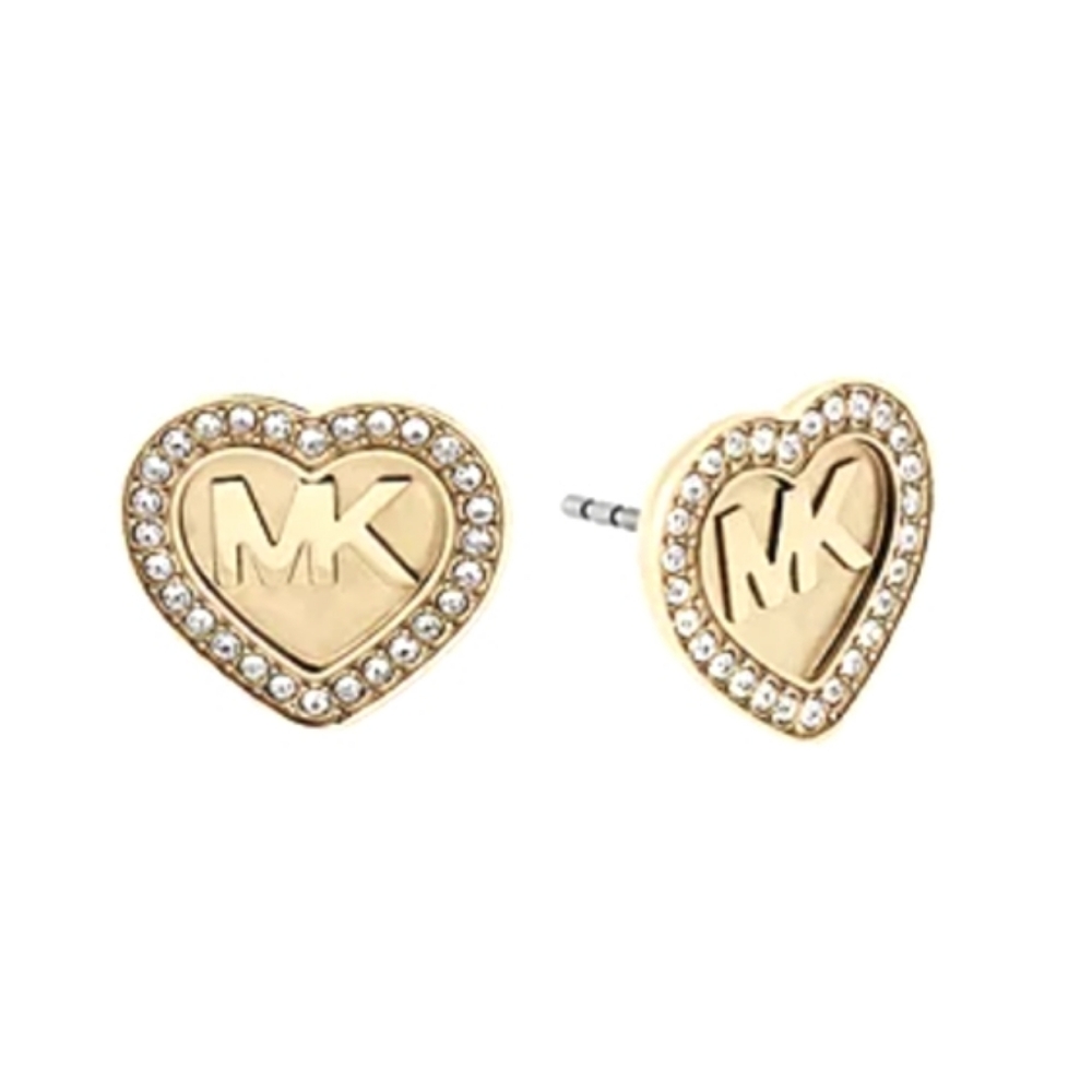 MICHAEL KORS Gold Tone MK Initials Heart Pave Crystal Halo Studs Earrings New